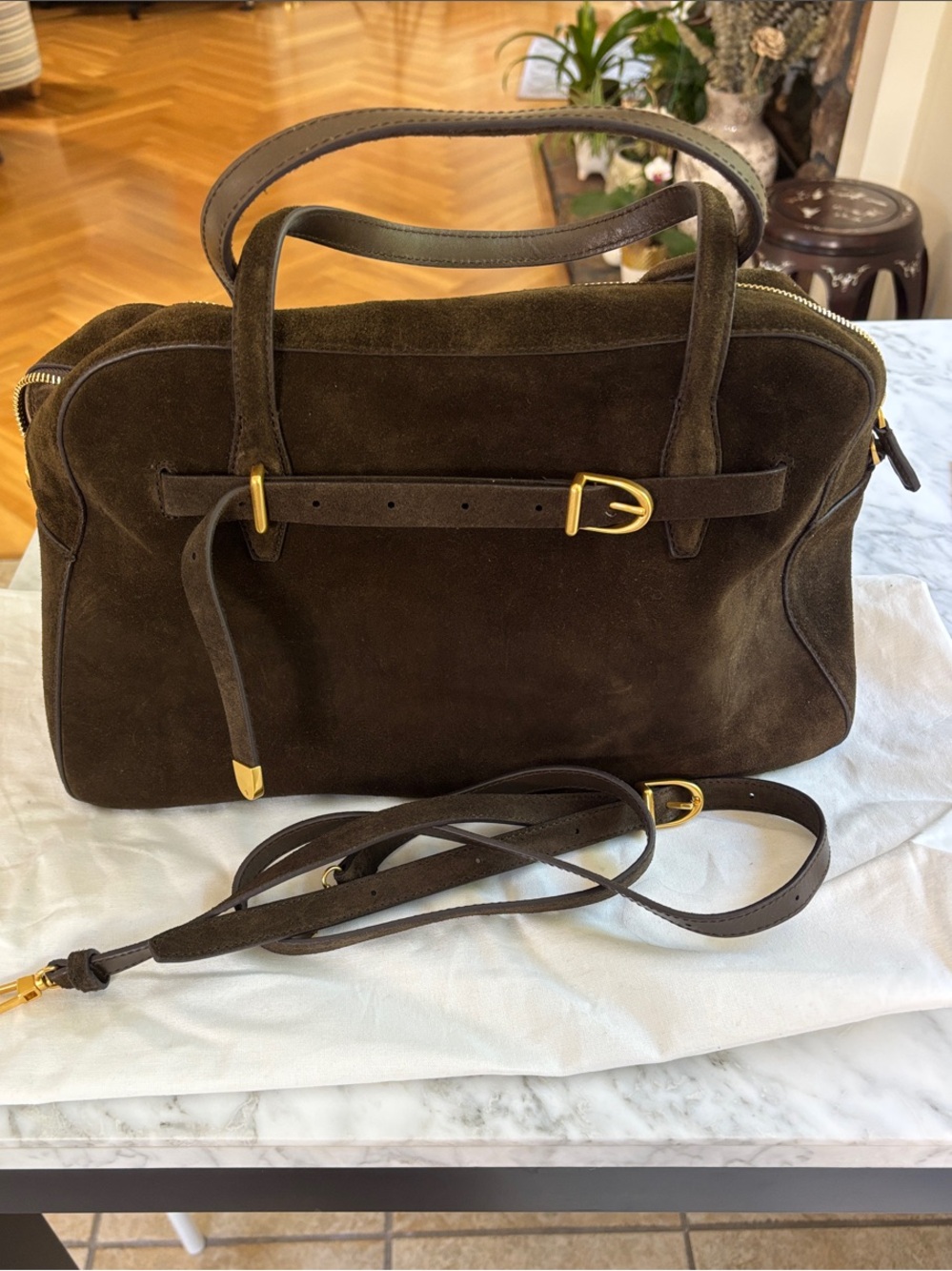 Madewell Belted Satchel Bag in Expedition Green Suede with Gold Hardware, new
